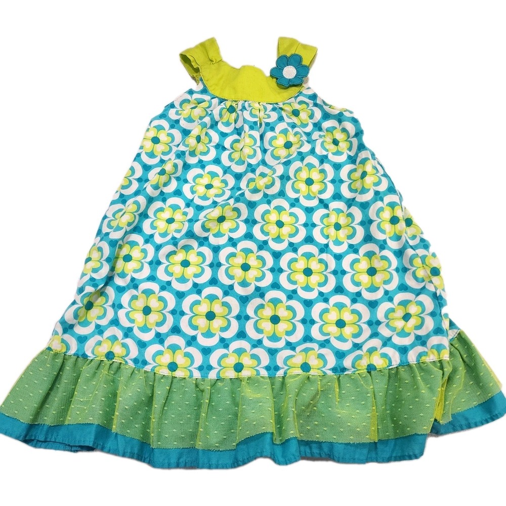 Girls Penelop Mack A-line Floral Print Green/blue Ruffle Dress Size 5